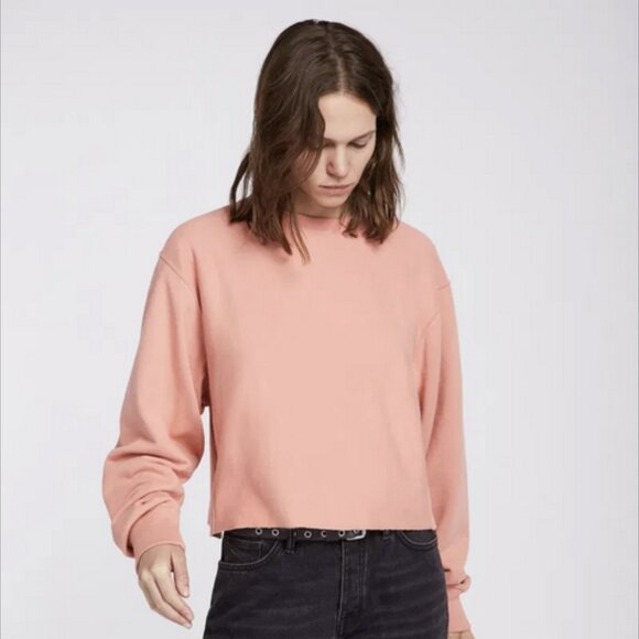 All Saints XS Coral Pink Long Sleeve Crop Raw Hem Crew Neck Sweater Navarre - Picture 1 of 11